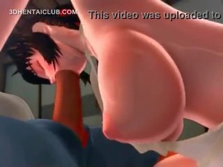 Big titted anime feature giving blowjob gets mouth jizzed
