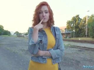 Public Agent provocative redhead waitress sucks penis and gets fucked doggystyle outside in public